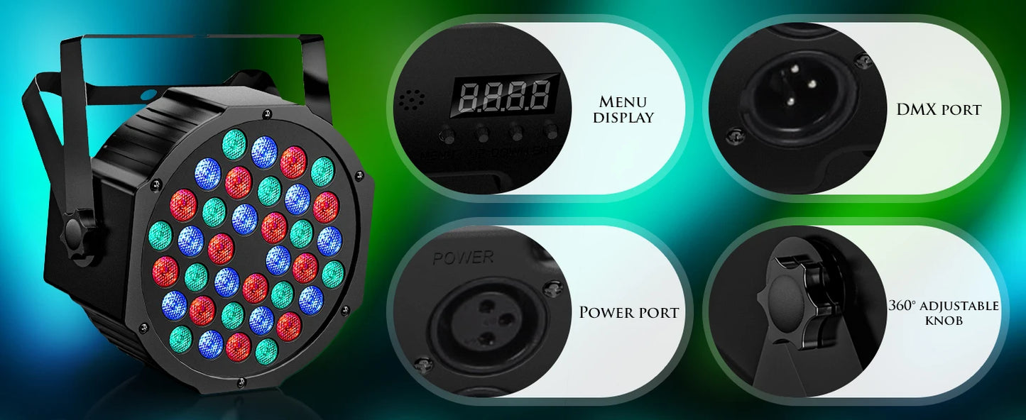 DMX Remote controlled Uplights 8 count LED RGBW with strobe feature, fade, sound activation mode, and more! Great as a Stage Light, Party Effect, and DJ light!