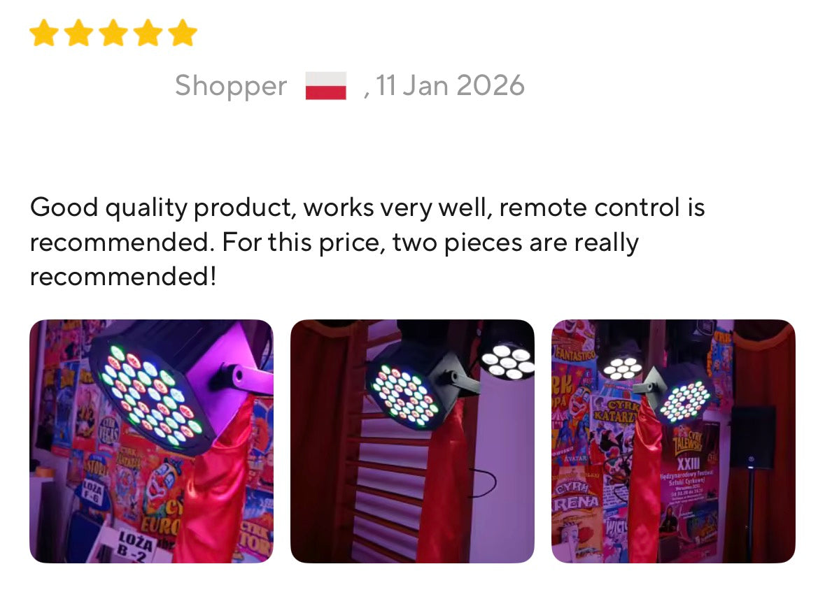 DMX Remote controlled Uplights 4 count LED RGBW with strobe feature, fade, sound activation mode, and more! Great as a Stage Light, Party Effect, and DJ light!