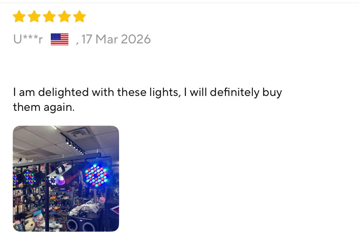 DMX Remote controlled Uplights 4 count LED RGBW with strobe feature, fade, sound activation mode, and more! Great as a Stage Light, Party Effect, and DJ light!