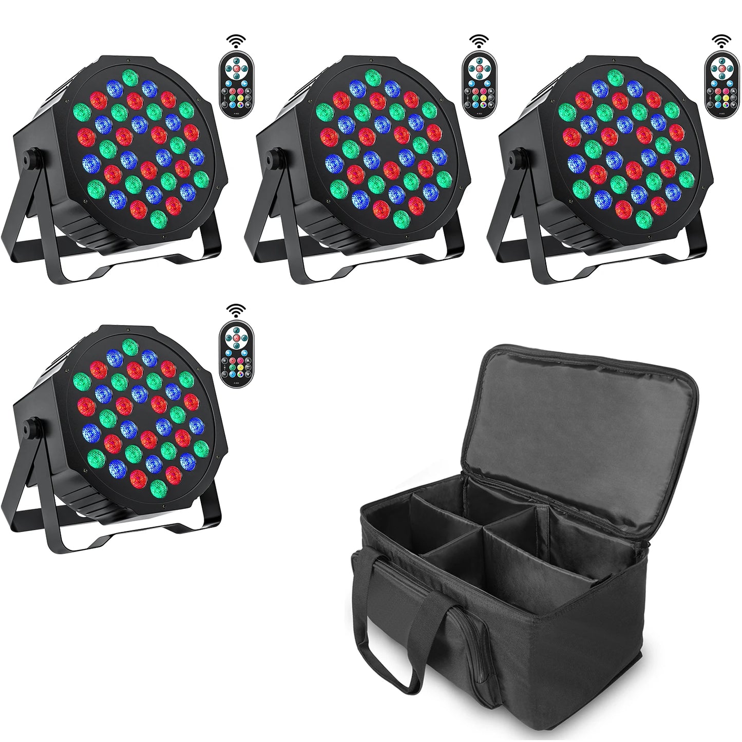 DMX Remote controlled Uplights 4 count LED RGBW with strobe feature, fade, sound activation mode, and more! Great as a Stage Light, Party Effect, and DJ light!