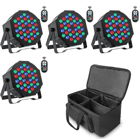 DMX Remote controlled Uplights 4 count LED RGBW with strobe feature, fade, sound activation mode, and more! Great as a Stage Light, Party Effect, and DJ light!