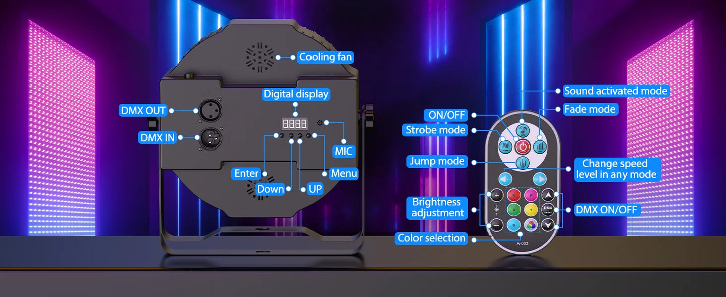 DMX Remote controlled Uplights 4 count LED RGBW with strobe feature, fade, sound activation mode, and more! Great as a Stage Light, Party Effect, and DJ light!