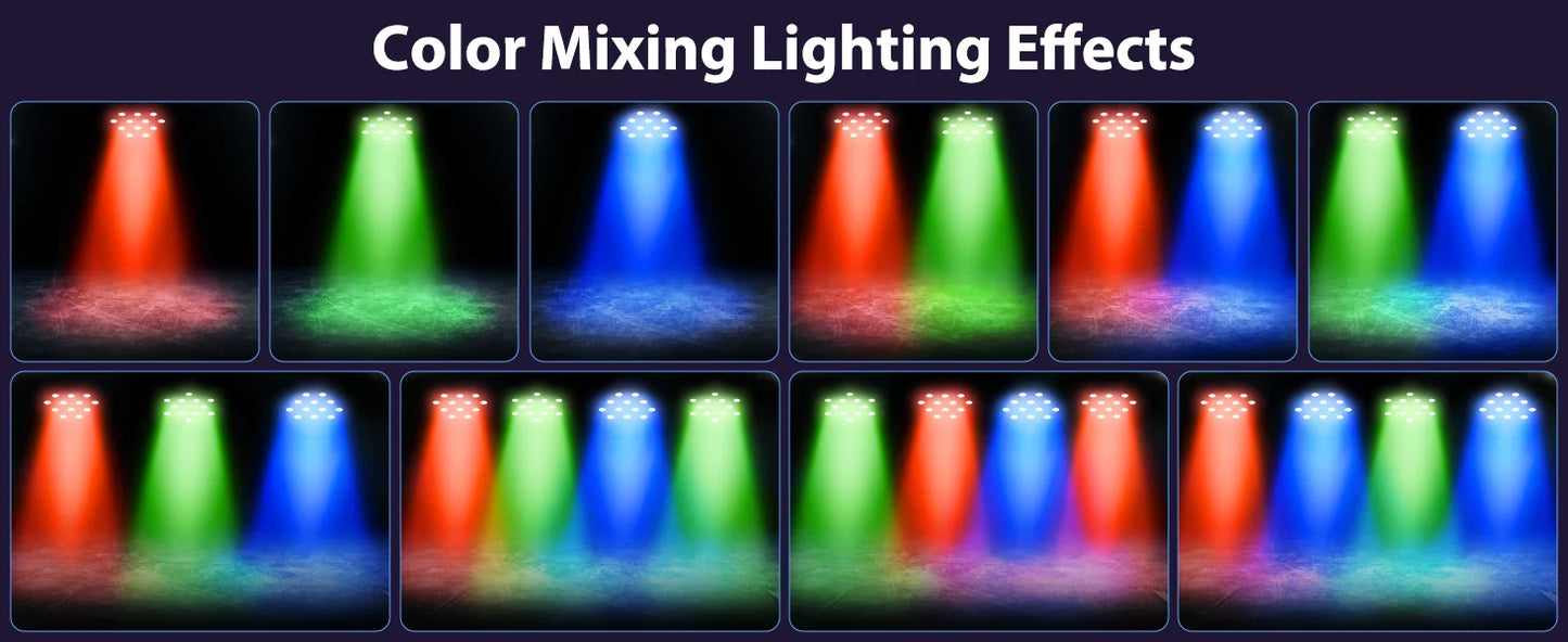 DMX Remote controlled Uplights 4 count LED RGBW with strobe feature, fade, sound activation mode, and more! Great as a Stage Light, Party Effect, and DJ light!