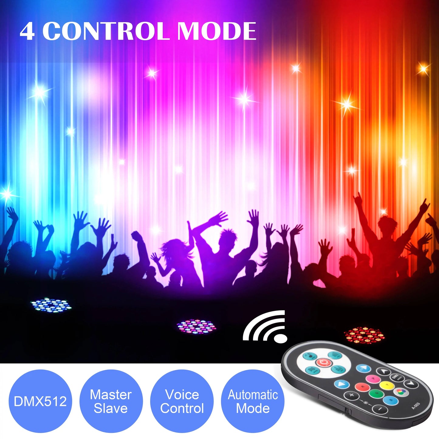 DMX Remote controlled Uplights 4 count LED RGBW with strobe feature, fade, sound activation mode, and more! Great as a Stage Light, Party Effect, and DJ light!