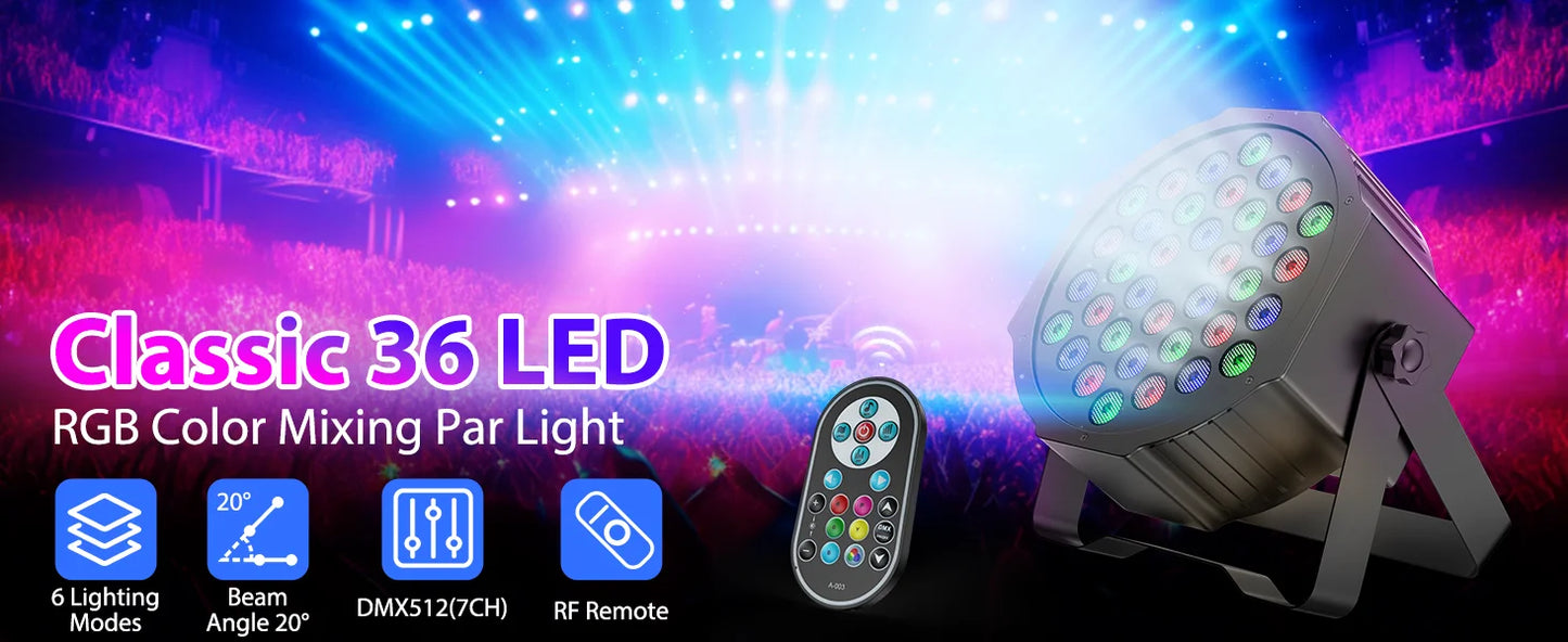 DMX Remote controlled Uplights 4 count LED RGBW with strobe feature, fade, sound activation mode, and more! Great as a Stage Light, Party Effect, and DJ light!