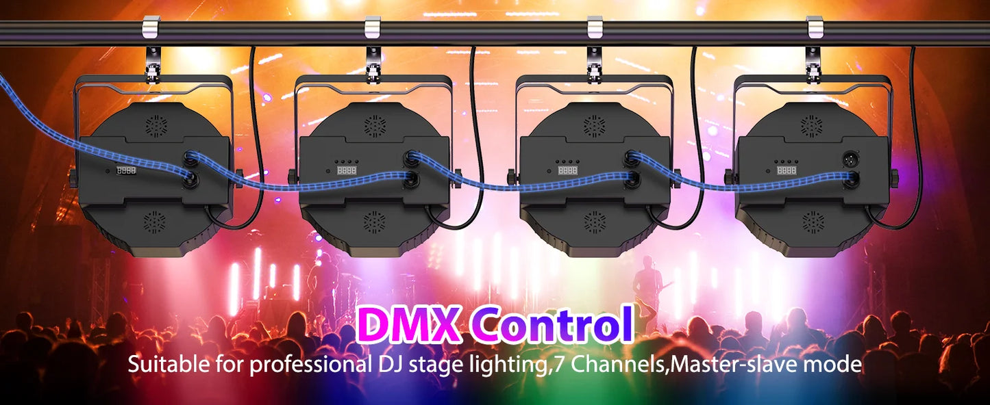 DMX Remote controlled Uplights 4 count LED RGBW with strobe feature, fade, sound activation mode, and more! Great as a Stage Light, Party Effect, and DJ light!