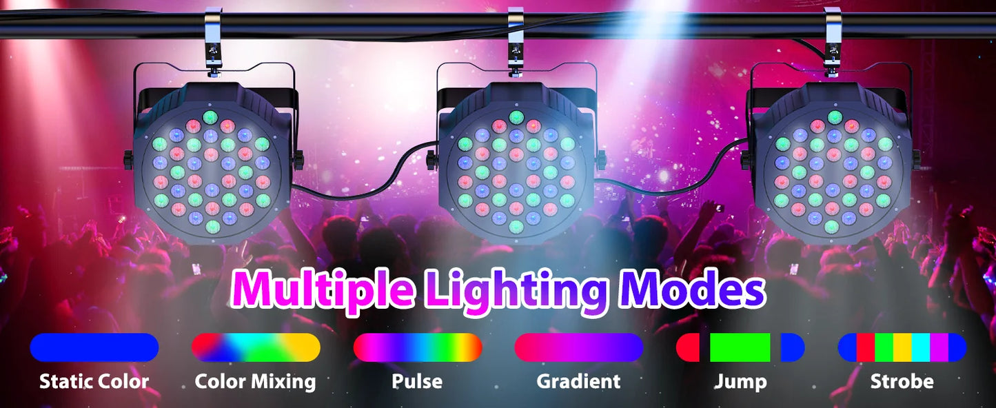 DMX Remote controlled Uplights 4 count LED RGBW with strobe feature, fade, sound activation mode, and more! Great as a Stage Light, Party Effect, and DJ light!