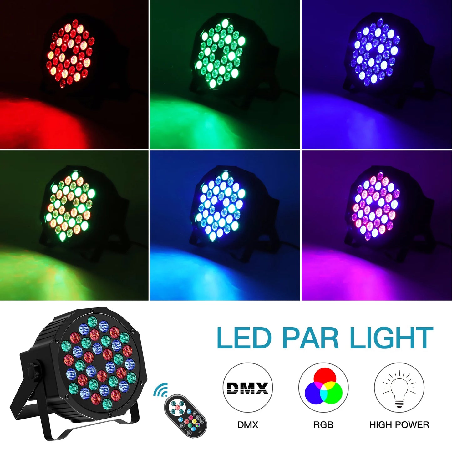 DMX Remote controlled Uplights 4 count LED RGBW with strobe feature, fade, sound activation mode, and more! Great as a Stage Light, Party Effect, and DJ light!