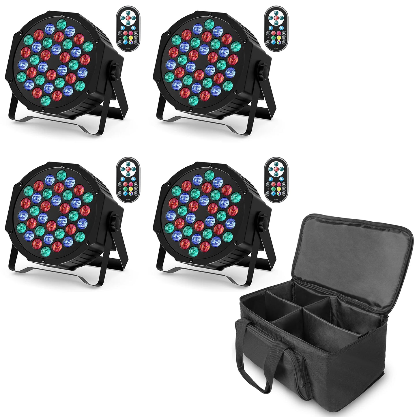 DMX Remote controlled Uplights 4 count LED RGBW with strobe feature, fade, sound activation mode, and more! Great as a Stage Light, Party Effect, and DJ light!