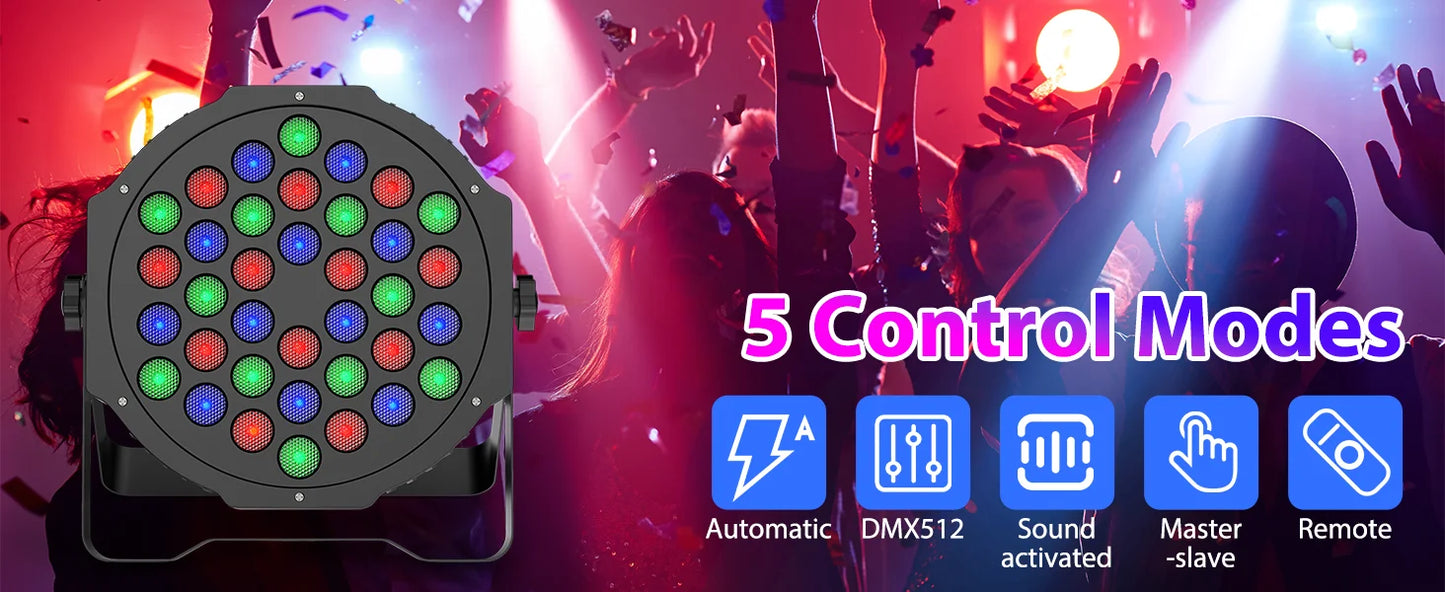 DMX Remote controlled Uplights 4 count LED RGBW with strobe feature, fade, sound activation mode, and more! Great as a Stage Light, Party Effect, and DJ light!