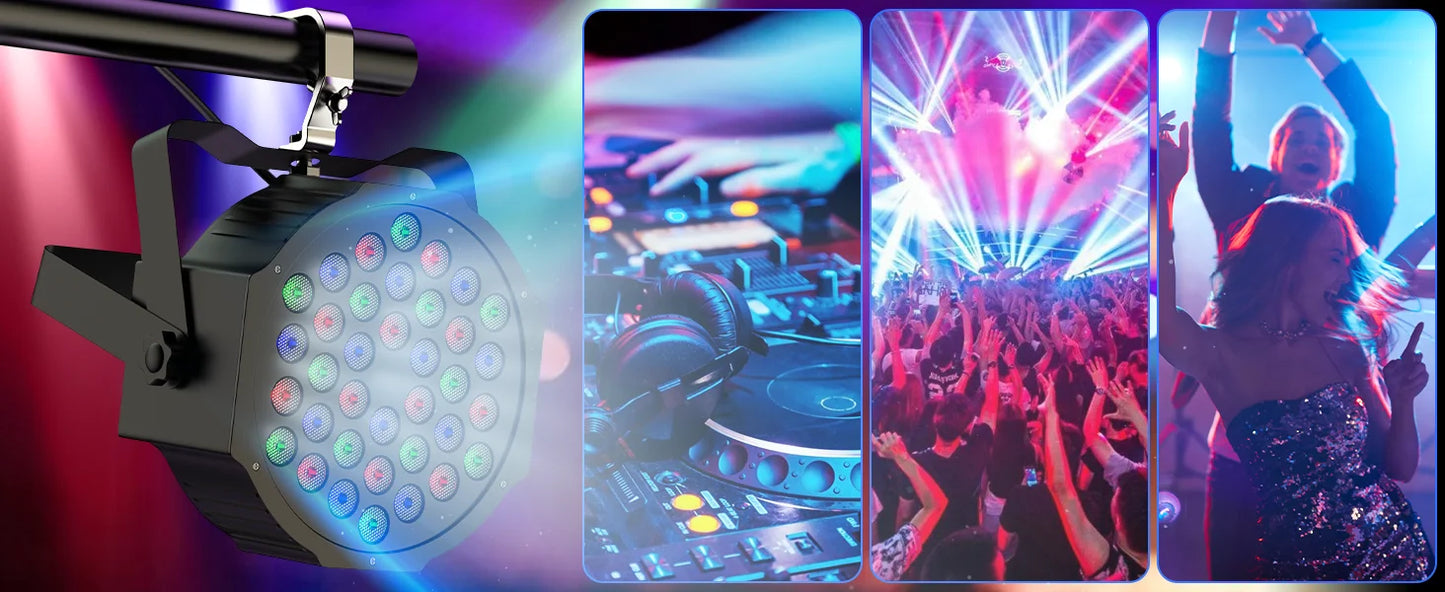 DMX Remote controlled Uplights 4 count LED RGBW with strobe feature, fade, sound activation mode, and more! Great as a Stage Light, Party Effect, and DJ light!