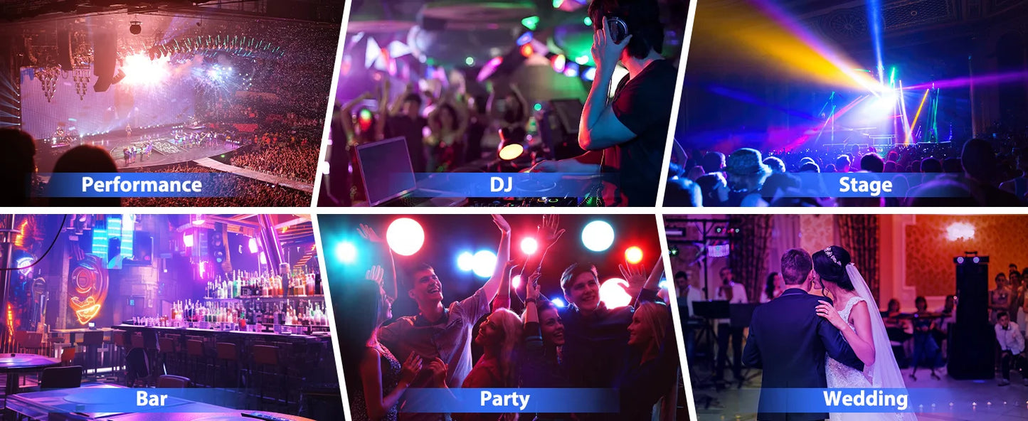 DMX Remote controlled Uplights 4 count LED RGBW with strobe feature, fade, sound activation mode, and more! Great as a Stage Light, Party Effect, and DJ light!