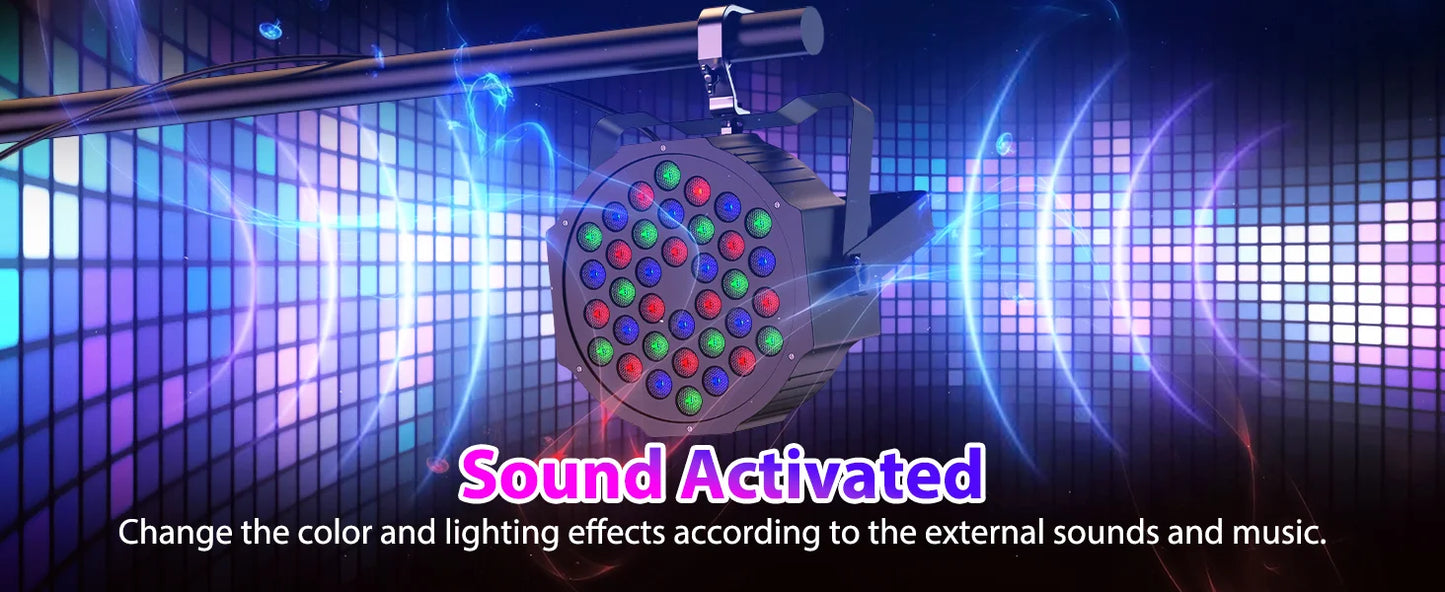 DMX Remote controlled Uplights 4 count LED RGBW with strobe feature, fade, sound activation mode, and more! Great as a Stage Light, Party Effect, and DJ light!